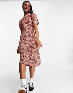 Платье миди с завязками на вороте и цветочным принтом QED London-Multi