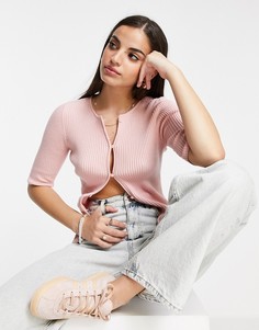 Розовый кардиган в рубчик с круглым вырезом и короткими рукавами ASOS DESIGN-Розовый цвет