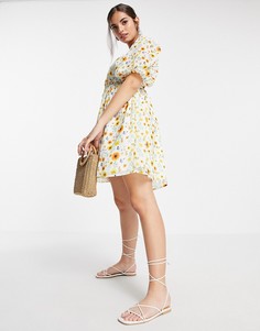 Присборенное платье мини с поясом и ботаническим цветочным принтом ASOS DESIGN-Разноцветный