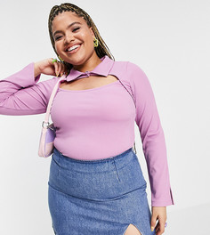 Розовый топ в рубчик с воротником и декоративным вырезом ASOS DESIGN Curve-Коричневый цвет