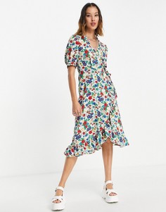 Разноцветное платье миди с запахом, оборками и цветочным принтом Topshop-Multi