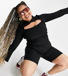 Черный топ в рубчик с воротником и декоративным вырезом ASOS DESIGN Curve-Черный цвет