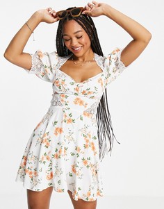 Платье мини с кружевной отделкой и цветочным принтом ASOS DESIGN-Разноцветный