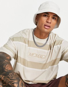 Oversized-футболка в бежевую полоску с вышивкой римских цифр ASOS DESIGN-Коричневый цвет