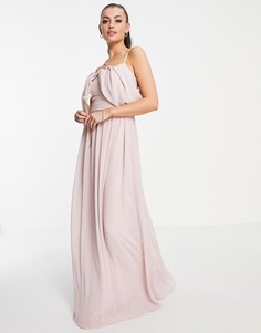 Серовато-бежевое асимметричное платье макси с драпировкой на плечах TFNC Bridesmaid-Розовый цвет
