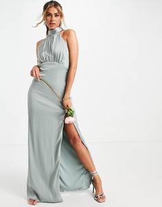 Шалфейно-зеленое атласное платье макси с высоким воротом и разрезом спереди TFNC Bridesmaid-Голубой