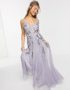 Платье макси лавандового цвета с цветочной вышивкой ASOS DESIGN-Фиолетовый цвет