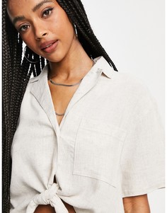 Льняная укороченная рубашка с завязкой спереди цвета экрю Topshop-Белый
