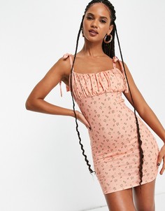 Персиковое платье мини с присборенным лифом и завязками на плечах Missguided-Оранжевый цвет