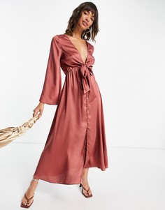 Атласное платье миди рыжего цвета с завязкой спереди ASOS DESIGN-Красный