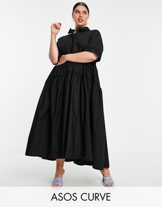Черное ярусное платье-рубашка в стиле oversized ASOS EDITION Curve-Черный цвет