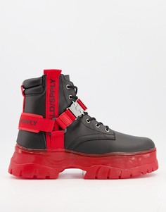 Черные ботинки на шнуровке из искусственной кожи с отделкой красной лентой на массивной подошве ASOS Unrvlld Spply-Многоцветный