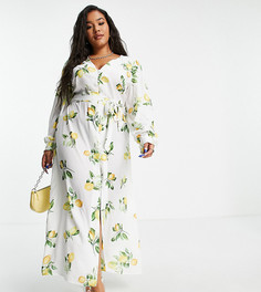 Платье миди с декоративными завязками и летним принтом в виде лимонов In The Style Plus x Stacey Solomon-Multi
