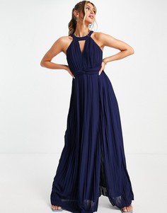 Темно-синее плиссированное платье макси с вырезом-каплей TFNC-Темно-синий