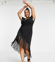 Черное платье миди с запахом и бахромой ASOS DESIGN Curve-Черный цвет