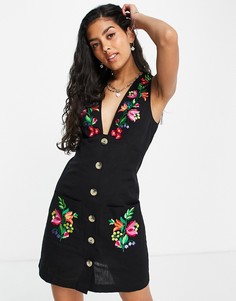 Черное платье мини на пуговицах без рукавов с вышивкой ASOS DESIGN-Черный цвет