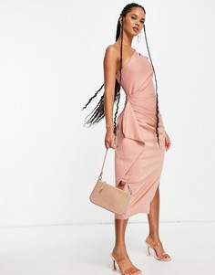 Розовое платье миди на одно плечо с объемными рукавами и оборками ASOS DESIGN-Розовый цвет