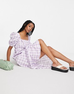 Фиолетовое присборенное платье миди в клетку River Island-Фиолетовый цвет
