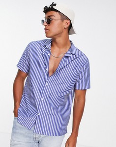 Синяя рубашка в полоску с отложным воротником Topman-Голубой