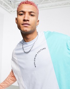 Свободный лонгслив в стиле колор-блок с принтом на груди ASOS DESIGN-Голубой