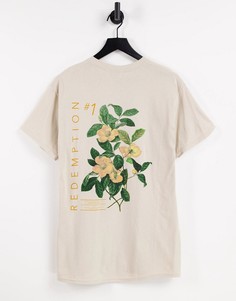 Oversized-футболка цвета экрю с цветочным принтом на груди и спине Topman-Белый