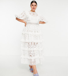 Ярусное белое платье миди с вышивкой ришелье и оборками ASOS EDITION Curve-Белый