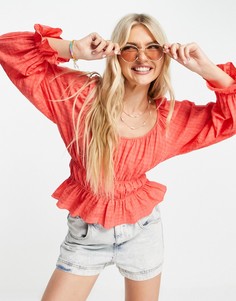 Фактурная блузка светло-кораллового цвета с отделкой на талии New Look-Оранжевый цвет