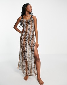 Пляжное платье с глубоким вырезом на спине и леопардовым принтом Brave Soul-Коричневый цвет