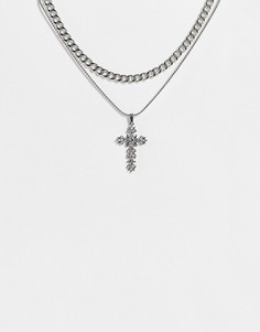 Серебристое ожерелье-цепочка с массивными звеньями и с крестиком со вставками Topshop-Серебристый