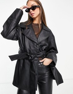 Черная куртка из искусственной кожи в винтажном стиле с поясом ASOS DESIGN-Черный цвет