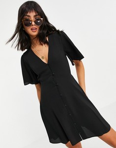 Черное чайное платье мини на пуговицах с рукавами-кимоно ASOS DESIGN-Черный цвет