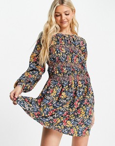 Черное присборенное платье мини с длинными рукавами и цветочным принтом ASOS DESIGN-Разноцветный