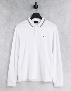 Поло белого цвета узкого кроя с длинными рукавами и контрастной отделкой Emporio Armani-Белый