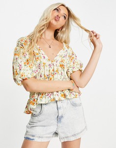 Присборенная блузка с короткими рукавами и цветочным принтом ASOS DESIGN-Разноцветный
