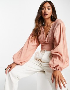 Розовый присборенный топ с V-образным вырезом ASOS DESIGN-Розовый цвет