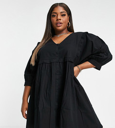 Черное платье мини на пуговицах с присборенной юбкой, оборками и V-образным вырезом ASOS DESIGN Curve-Черный цвет