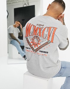 Футболка в стиле oversized серого меланжевого цвета с принтом спереди и сзади Topman-Серый