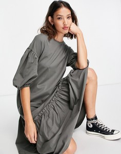 Серое меланжевое платье миди с воланом на подоле и оборками Topshop-Серый