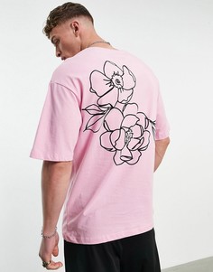 Розовая футболка в стиле oversized с принтом роз на спине Jack & Jones Originals-Розовый цвет