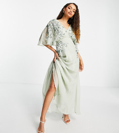 Платье-кейп макси с вышивкой и пышными рукавами ASOS DESIGN Petite-Зеленый цвет