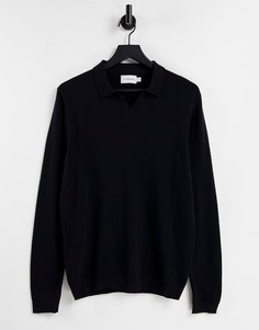 Черный трикотажный лонгслив с воротником поло без застежки Topman-Черный цвет