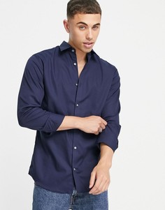 Темно-синяя не требующая глажки строгая рубашка узкого кроя Jack & Jones Essentials-Темно-синий