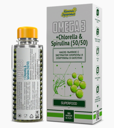 Масло льняное с экстрактом хлореллы и спирулины,180 капсул Компас Здоровья