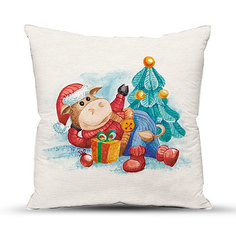 Подушка декоративная "Новый год", смесовая ткань; Бычок с подарком 40х40 Традиция