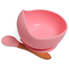 Комплект детской посуды из силикона тарелка на присоске с ложкой, розовый Baby Nice