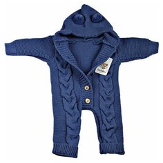Комбинезон вязаный для новорожденных косичка АЙШАХ-KIDS с капюшоном мишка,синий, размер 62 (24)