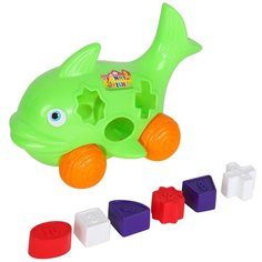 Каталка-Сортер "Рыба", игрушка-каталка с колесами на веревочке, каталка, сортер, игрушка для малышей, игрушка развивающая, для детей, Зеленая, веревочка 27х17х13,5 см Компания Друзей