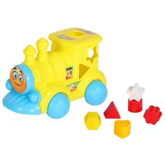 Каталка-Сортер "Паровоз", игрушка-каталка с колесами на веревочке, каталка, сортер, игрушка для малышей, игрушка развивающая, для детей, Желтый, веревочк 25х16х15 см Компания Друзей