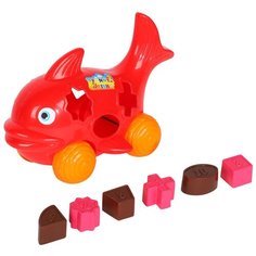 Каталка-Сортер "Рыба", игрушка-каталка с колесами на веревочке, каталка, сортер, игрушка для малышей, игрушка развивающая, для детей, Красная, веревочка 27х17х13,5 см Компания Друзей