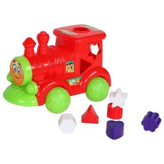 Каталка-Сортер "Паровоз", игрушка-каталка с колесами на веревочке, каталка, сортер, игрушка для малышей, игрушка развивающая, для детей, Красный, веревочк 25х16х15 см Компания Друзей